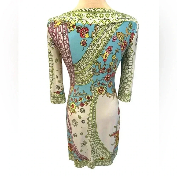 Donna Morgan Dress Abstract Floral Print Pastel Colors Boat Neck Stretch Size 4 - Picture 3 of 8